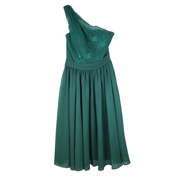 Azazie One Shoulder A-Line Midi Dress Lace Bodice Flowy Lined Green Festive - Picture 2 of 11